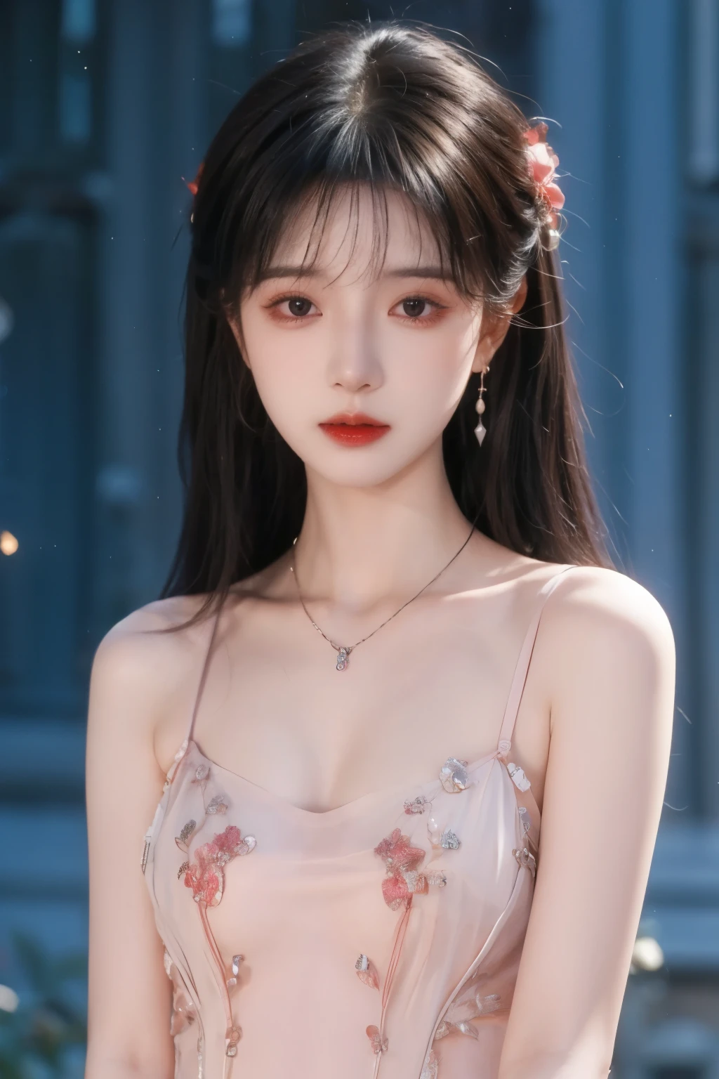 ( masterpiece, highest quality:1.2), 8,000, 85 mm, original photo, confuse, hair, Gradient Dress , Delicate girl,Shiny Skin, , watching the audience, HDR, clear focus, particle, Twilight Sky , Shiny Skin, small eyes and face , brightly colored rose background, earrings、 necklace、clavicle、Straight long hair、Straight hair perm 、Big breasts, Transparent,
