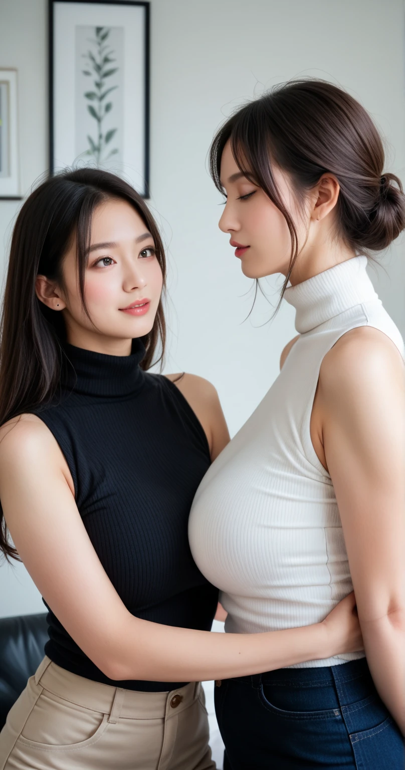 seductive japanese woman,huge breasts,sleeveless knit blouse,side shot,earring,bag,at cafe
