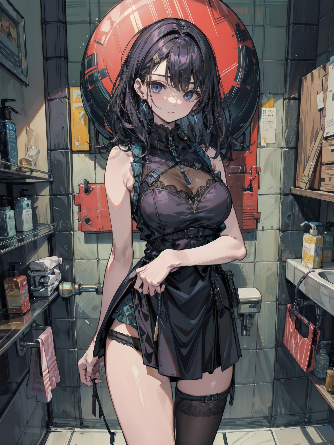 Cartoon of a woman in a bikini and shorts standing in a bedroom, Realistic bikini, Tifa Lockhart com cabelos brancos, roupa de banho: sbikini, anime vtuber modelo de corpo inteiro, Estilo Anime Ecchi, is wearing a swimsuit, Parecendo Annie Leonhart, Gapmoe Yander, design de roupa clara, Roupa aberta v peito, Personagem de anime feminino, corpo perfeito sombreado realista