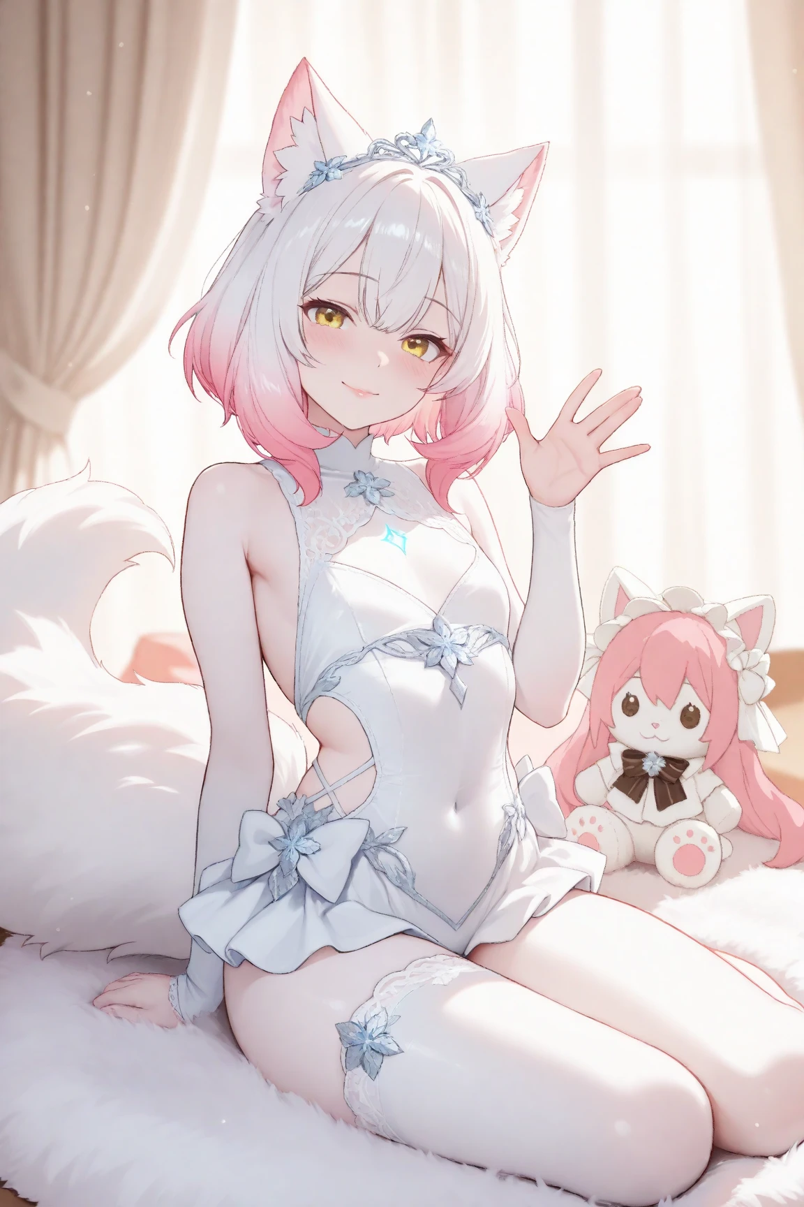 light red short hair,There is a yellow cloth decoration on the head,Breasts are super full,The figure looks petite,Smooth and delicate long legs,Wearing a milky white T-shirt,He wears a silver necklace around his neck,It has pink fox ears,And cute pink and white fox tails,This is a super beautiful girl
