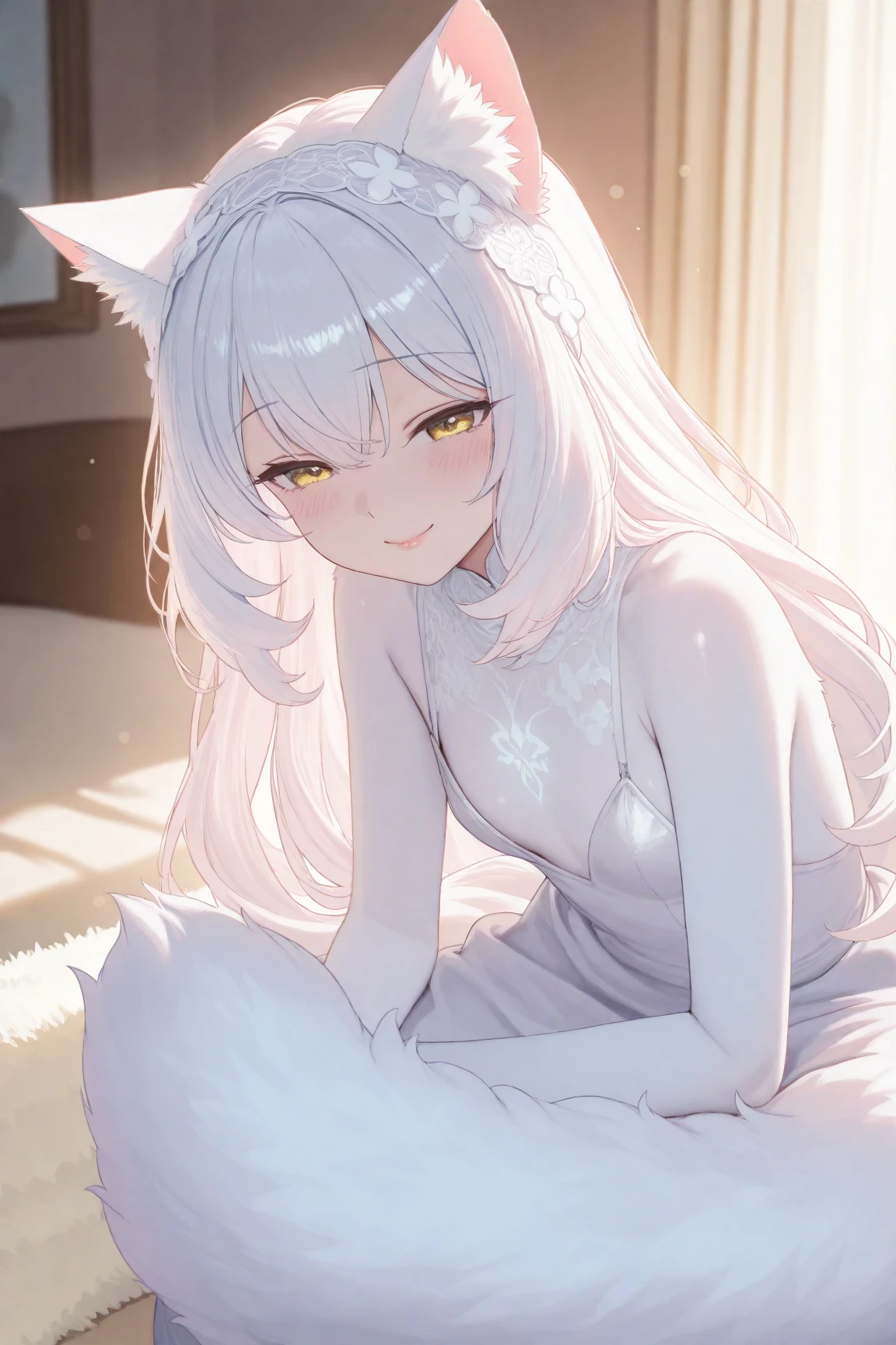 original character, Volumetric lighting, Best Shadow, Shallow depth of field, Portrait of an incredibly beautiful girl, , Delicate beautiful attractive face with seductive black eyes, Eyes half closed, sourThick eyelashes, yawn, Open your mouth, Cute Fangs, Beautiful small breasts, layered medium gray hair, Blush Eyeshadow, Thick eyelashes, Pajama Kigurumi Animal, In the attic of dreams, Sitting in a comfortable bed, with animal pillow, Beautiful duvet covers, Under the round window, A fantastic night sky seen from the window, moonlight, milky way, Starburst, (Highest quality, Amazing details:1.25), (only:1.3), Bright and colorful paints