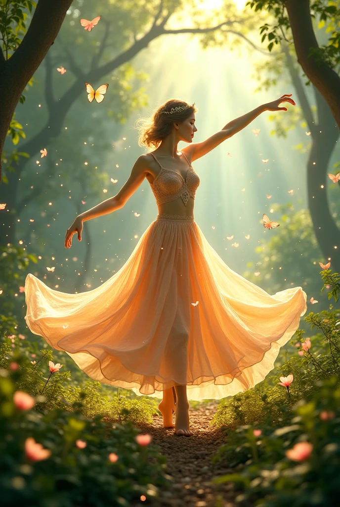 A captivating image of a graceful, sparkling girl gracefully dancing across the sky in the heart of a lush, dense forest. The dancer's elegant movements are accentuated by the soft, golden light of a small, golden star above. The vibrant, intricate details of the dancer's outfit create a dreamlike atmosphere, adding an ethereal quality to the image. wide aperture, slow shutter speed, telephoto lens
