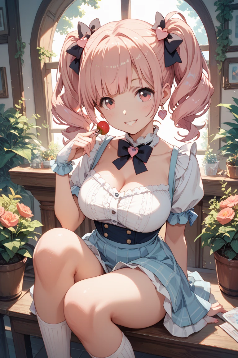 ((Highest quality, 8k, masterpiece :1.3)), (Sharp focus :1.2, Beautiful woman with perfect figure :1.4, Slim Abs), ((Big Breasts, Emphasize cleavage:1.2)), (Photorealistic:1.4), (realistic:1.4), (Pink Hair:1.5), Highly detailed face and skin texture, Fine grain, double eyelid. Makeup face, A little bit of lipstick, sex appeal, Sexy gravure pose, ((A high school girl in uniform、Eating lunch in the classroom。She sits cross-legged、Opening the lunch box。The pink ribbon is an accessory.。:1.3))
