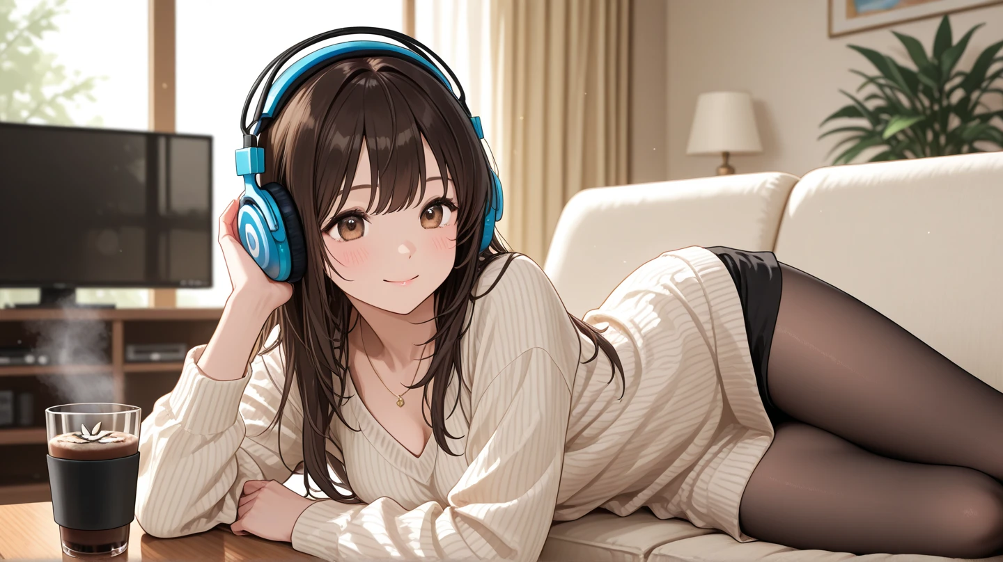 Girl with headphones enjoying music in a cafe I am studying Emphasize a little bit of the chest