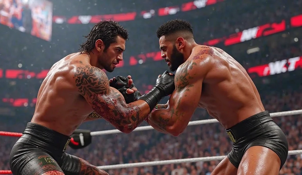 Wwe championship .cristiano ronaldo, muscular male fighter, wwe wrestler, powerful punch, messi, male soccer player, iron chair, action scene, dynamic pose, dramatic lighting, cinematic style, gritty texture, high contrast, intense colors, photorealistic