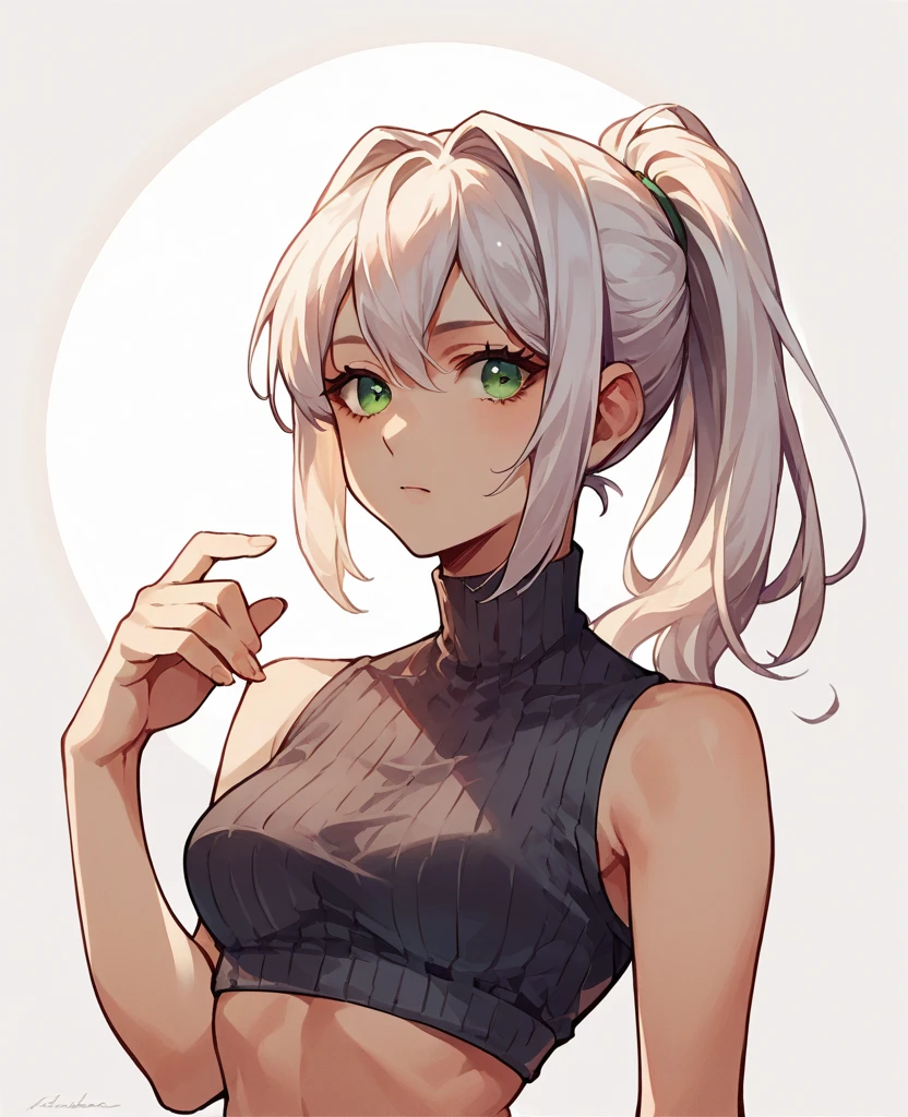 ((Masterpiece)), ((high quality)), ((anime illustration)), 1girl, teenager, slim, white curly ponytail hair, messy hair, closed eyes, sleeveless black polo shirt, biting lip, raiding her arms up, arms raised, sweaty, sweating, sweaty bod, sweaty armpits, white bckground,