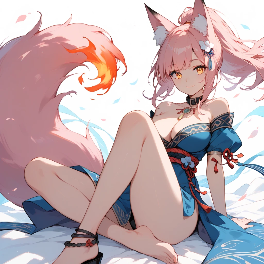 ah4, pink hair, facial mark, multiple tails, fox tail, japanese clothes, bare shoulders, white thighhighs, hair ribbon, large breasts