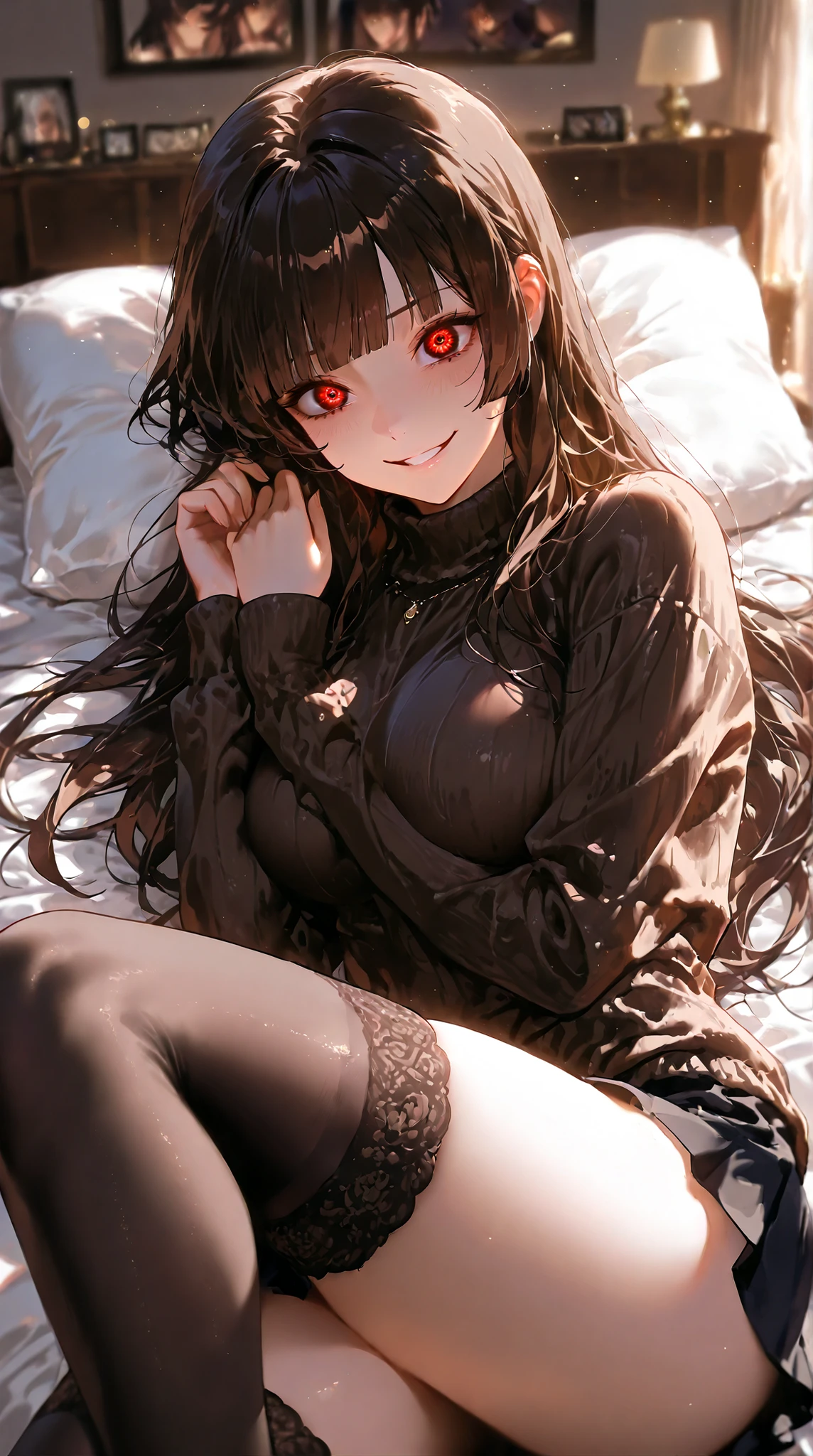 masterpiece, best quality, very aesthetic, absurdres, safe, (masterpiece), best quality, expressive eyes, perfect face, girl in love, dark brown iris, yandere, smirk, crazy eyes, eyes wide open, blunt bangs, black long hair, straight hair, solo, home bedroom, miniskirt black, sweater black, black stockings, sexy legs, sleeping lying on bed, with a white kitten with black