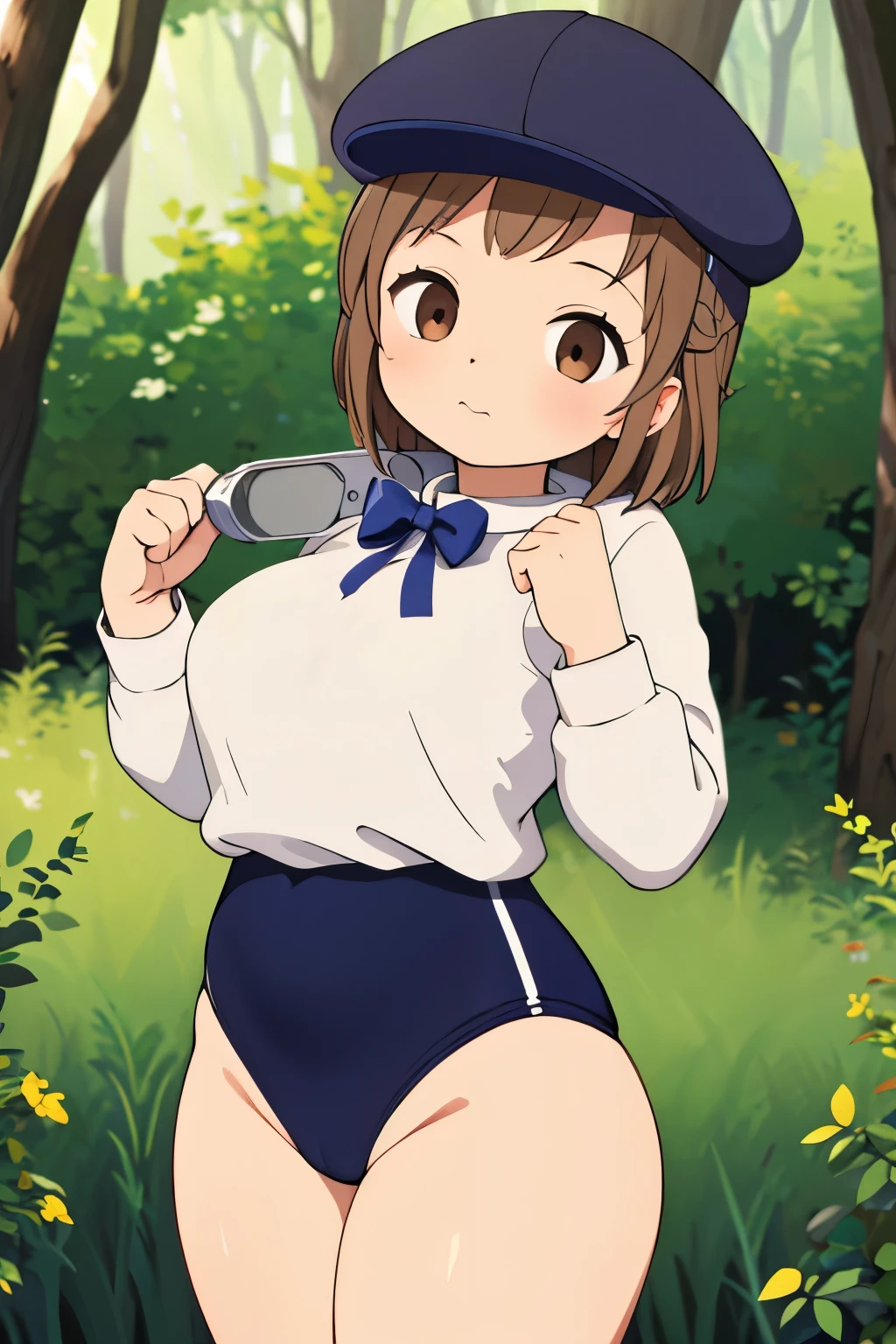(masterpiece, highest quality), 1 girl, beautiful face, beautiful body,  wearing a Black gymnastics bloomers, High leg、white blouse,    cowboy shot、Are standing、full body portrait、alone, complex details, enlarged textures, complex details, finely detailed eyes and detailed face, intricate details, (closed mouth), perfect eyes, equal eyes, perfect body, extremely detailed, (), extremely realistic 3d,In a dark forest、cap,long violate hair,Grass