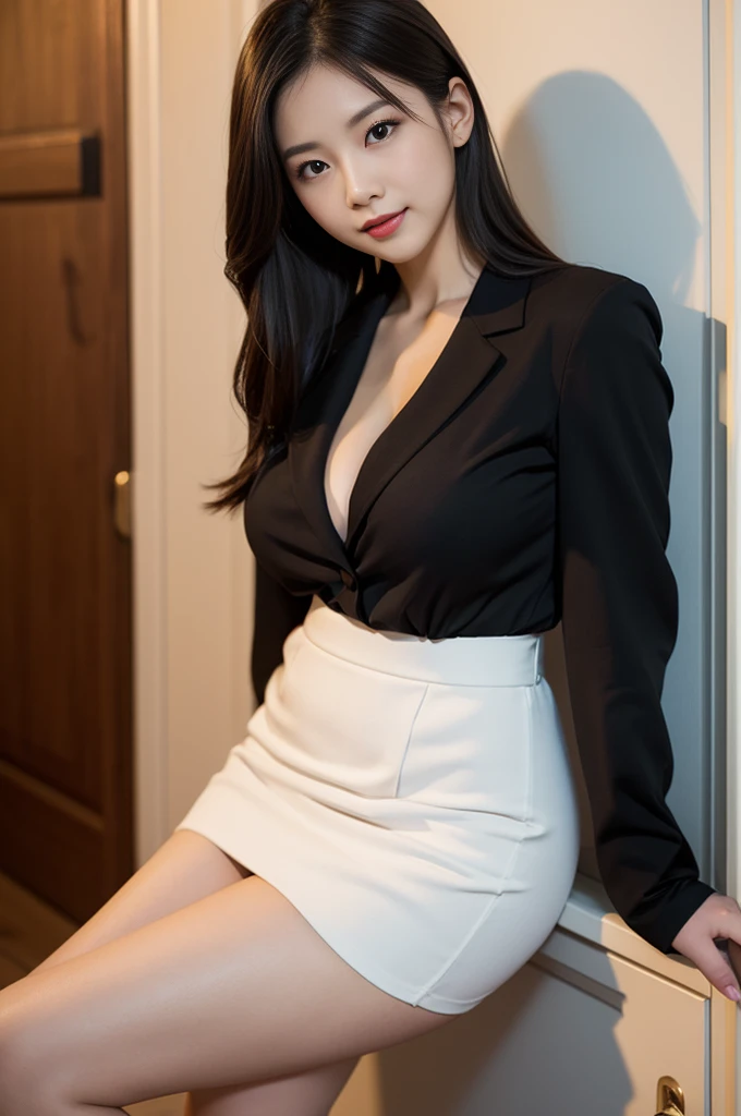 disorganized, RAW photo, very delicate and beautiful, masterpiece, highest quality, ultra high resolution, 16k, surreal, super detailed, perfect anatomy, super dense skin, perfect figure, Highly detailed CG 8k wallpaper, 20's, very slim body, tight waist, very small head, very small face, delicate features, tearful mole, mole on chest, earrings, thin legs, ((very huge round breasts)), ((full body shot)), short middle hair, wavy hair, ((suit)), (blazer), (blouse), (skirt),