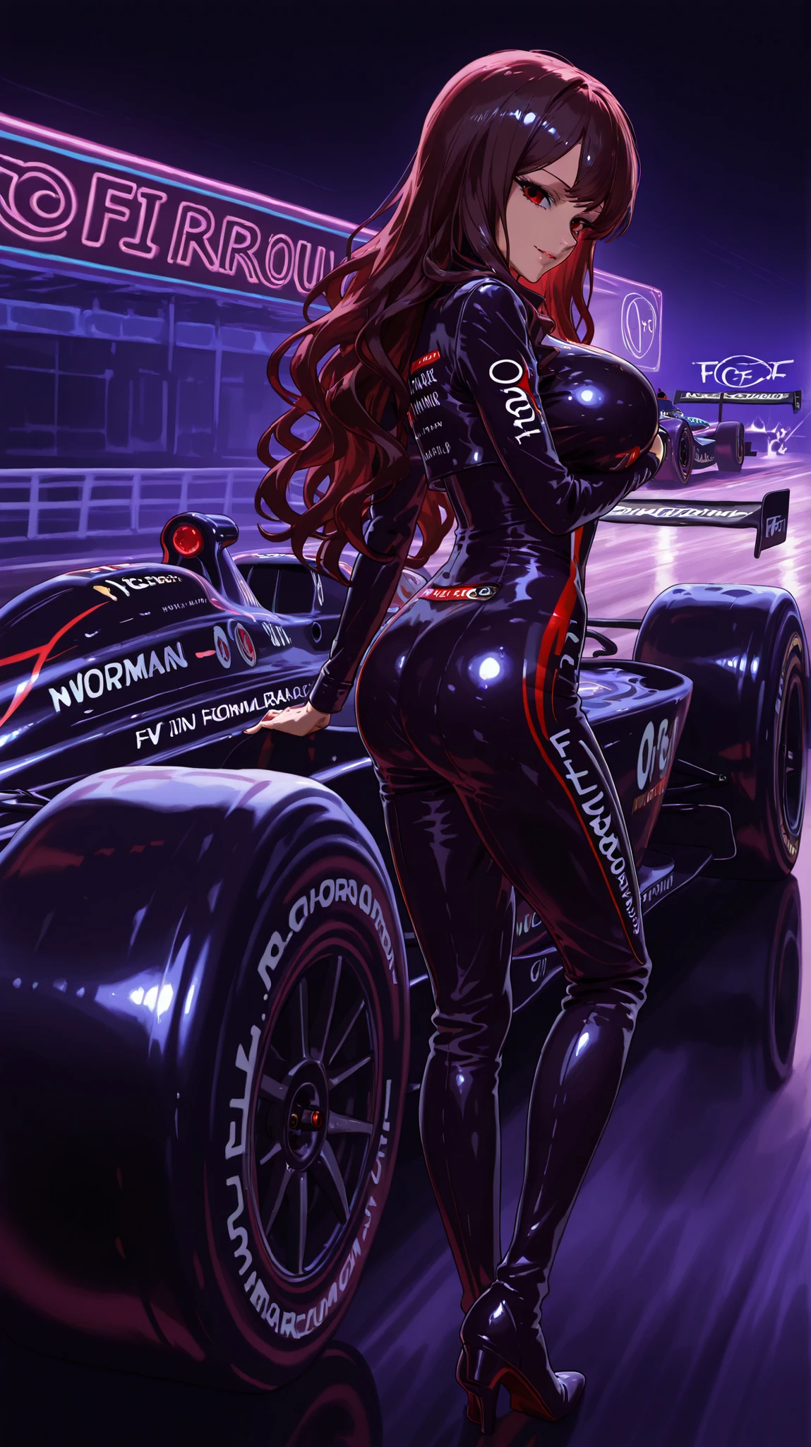 8 k,High definition,neon lights, F1 car with 1 woman behind,sharp focus,HDR,professional photoshoot, F1 racer woman in racer suit,seductive red eyes, long wavy hair,nice breast,woman posing behind chrome body formula 1 car, neon lighted racing tracks, full body shot,cowboy shot,(side view)