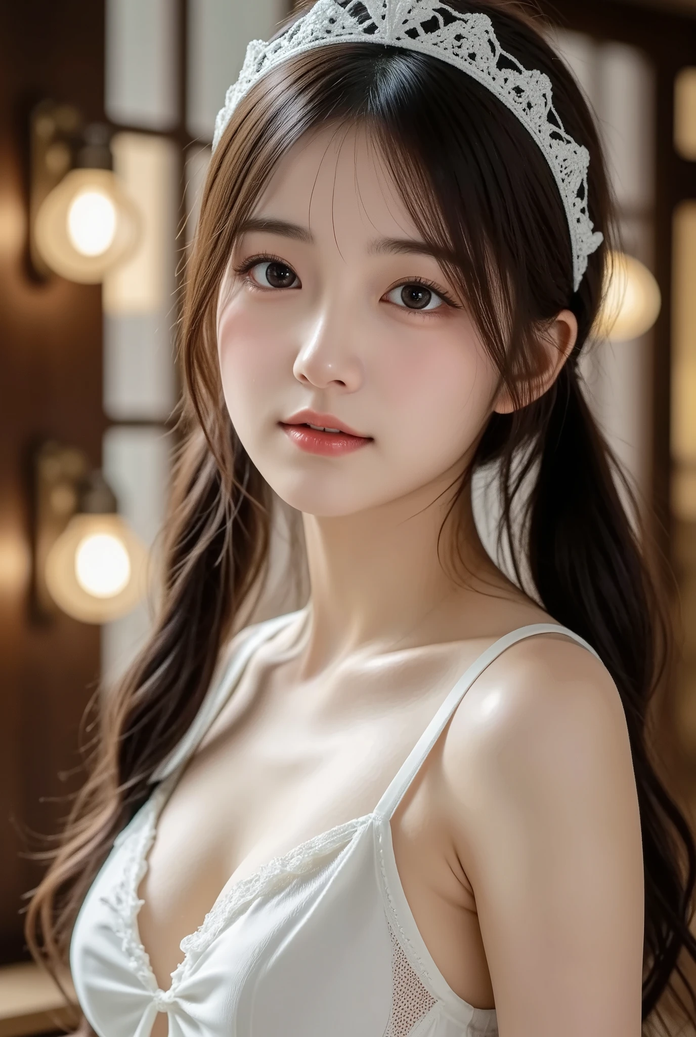 ((highest quality)), ((Photo quality)), (detailed), Perfect Face,White skin,,White dress,delicate,Sitting