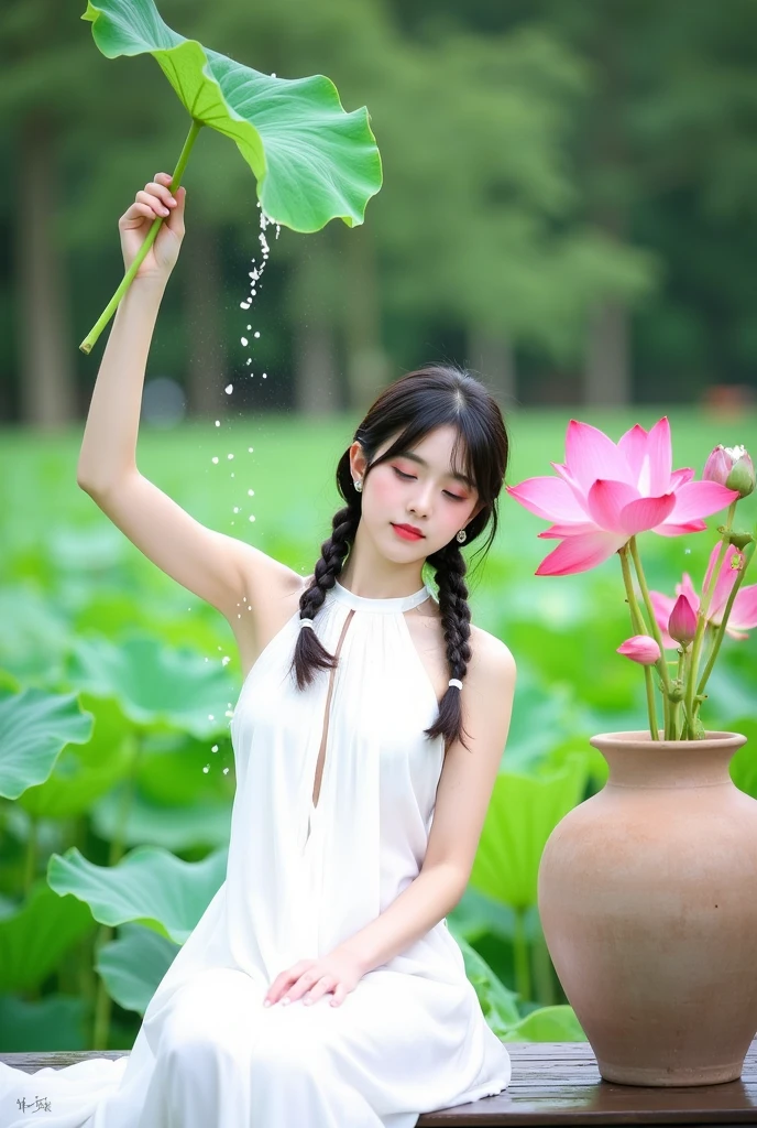 The image showcases a young woman sitting gracefully on a wooden platform amid a lush lotus pond. She is dressed in a flowing white , exuding elegance and tranquility. She holds a large green lotus leaf above her head, and water droplets cascade from it, creating a refreshing and dynamic effect. Her dark hair is neatly braided, framing her serene and delicate face as she gazes downward. Next to her, a large clay vase filled with vibrant pink lotus flowers adds to the beauty of the scene. The background consists of an endless stretch of green lotus leaves and blurred trees, enhancing the dreamy and peaceful atmosphere of the photograph.