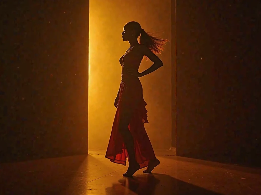 A scene of a Sudanese girl wearing a Sudanese dance suit in a dark place and the golden light reflects through it like a stage. The scene is interesting to me. It happened soon. . I have had a great event with the Sudanese dance