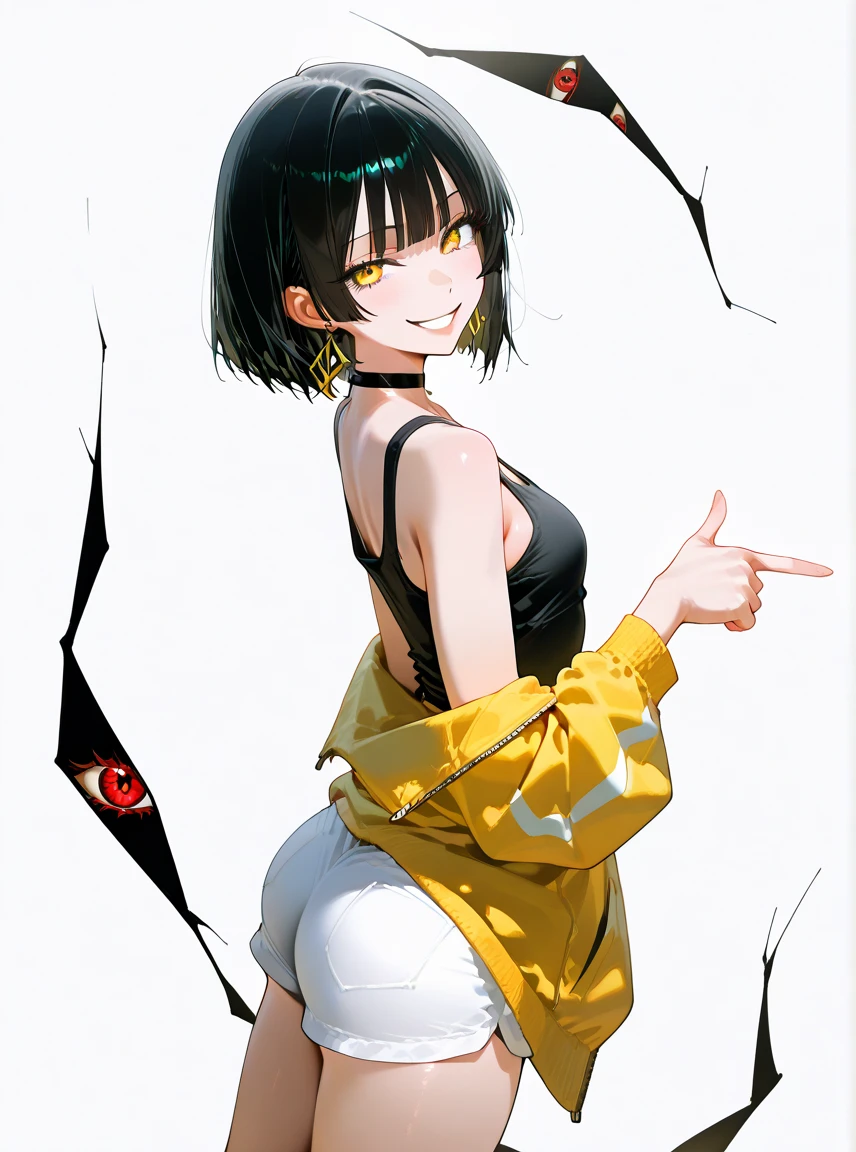 score_9, score_8_up, score_7_up, score_6_up, score_5_up, score_4_up, break 1girl, black hair, bob cut, straight hair , , and the eyes are, brown lips, small, long eyelashes, half-open ,(fearless smile:1.2),black choker with light on the upper body, adults, Black Eye Liner , ear earring, I'm wearing a yellow jacket, yellow eye shadow, character design style, break solo, small , adults, I'm wearing white shorts ,with bent back, is turning around after changing clothes,are pointing at the ,gap in vie, wearing a black tank top , break (white background:1.2), simple background, pose, Dynamic Angle, Angle shot ,
