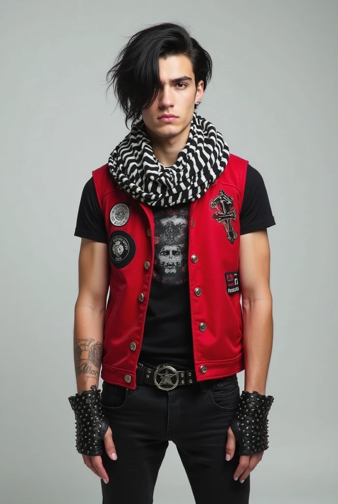A picture showing a young man with a modern and attractive appearance.He has pale skin, sharp facial features in the Middle East and he wears manicure on his hands. He is characterized by medium-length black hair with a French story that falls on his forehead and part of his eyes, giving it a mysterious touch. with light skin and facial features defined.
The young man wears a red tank jacket, decorated with some badges and symbols, over a black short-sleeved shirt.. wrapped around his neck with an elegant black and white striped scarf. wearing tight black jeans with a black belt, black high-neck shoes. . He also wears black gloves without fingers and studded leather bracelets. and manicure on his fingers
It seems that the young man is taking care of his appearance. It can be seen that there is a small earring in his ear.. that gives his clothes and hair the impression that he follows a certain style of fashion. He may tend to be youthful or rock.
The lighting in the picture appears uniform, and the background is light and simple gray, which focuses attention on the young man and his clothes. . The full body image allows you to see all the details of his appearance.