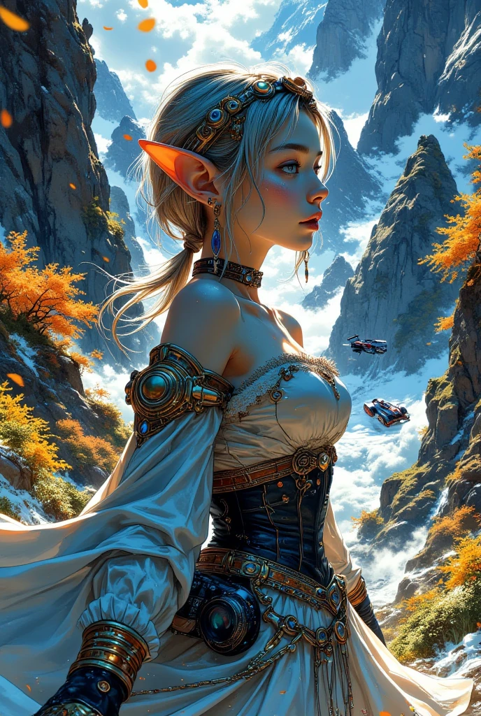 an elven F1 race, F1 cars passing by, close up, a beautiful  elf, driving the F1 car, fantasy atmosphere, elven world, artistic,  good quality, vibrant color, masterpiece, best quality, amazing quality, beautifully aesthetic, highly detailed, high-resolution, anatomically correct, cinematic, depth of field, soft lighting, volumetric lighting, delicate, ARW 