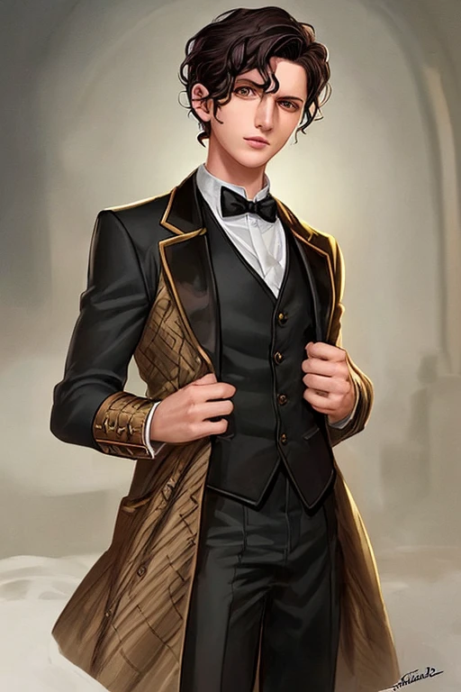 Can you create an image of a boy with curled black hair and brown eyes wearing the clothes of the 9th Doctor from Doctor Who