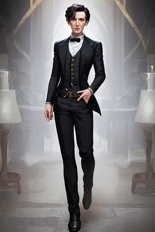 Can you create an image of a boy with curled black hair and brown eyes wearing the clothes of the 9th Doctor from Doctor Who