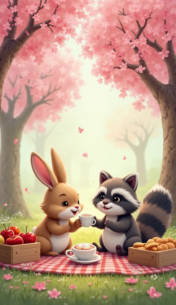 Under pink cherry blossom trees, a fluffy and a raccoon sit on a picnic blanket and clink their tea cups together, smiling happily. Around them are wooden boxes filled with fruits, sweets, and sandwiches. Cherry petals drift down softly. The setting is peaceful and whimsical, in a semi-realistic, storybook style. Vertical format.