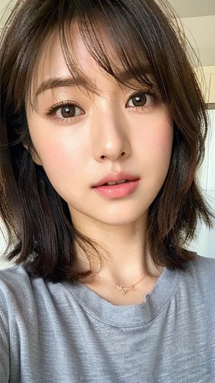 (table top:1.3), High resolution, super detailed, Highly detailed CG Unity 8K wallpaper, realistic, Photoreal, Raw photo, beautiful and detailed face, pale skin, realistic glowing skin, fine cloth texture, detailed hair texture, perfect body, beautiful face, beautiful row of teeth, Accurate, anatomically correct, Highly detailed face and skin texture, natural neck length, (beautiful hands), (Fair skin:1.2), thin legs, thin legs, (Satomi Ishihara)、(((Glittering big lips))) , fine eyes, symmetrical eyes, light brown eyes, double eyelid, thin eyebrows, (glossy lips:1.4), ((worried face:1.4)), (blush:1.1), (very cute girl:1.3), (summer knit,medium breasts:1.2), cleavage:0.125, (firm chest, well-shaped chest, slender body shape:1.1), toned abdominal muscles, (dark brown hair, wavy hair, medium long hair:1.2), ((flowing bangs:1.2)), ((Are standing:1.3)), ((indoors:1.3)), (Upper body is shown:1.2), looking at the viewer, From above,