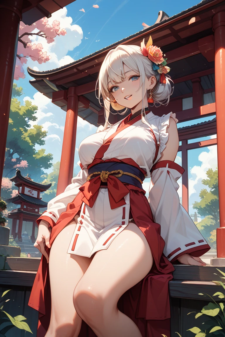 The blonde,Japan Priestess,shrine maiden clothe,white short socks,clogs,(huge tit),(Lower breast:1.9)