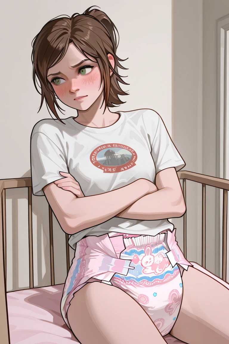 Ellie from The Last of Us 2, sitting with her arms crossed in a crib, wearing a white t-shirt with a 's design and a pink diaper, while blushing.
