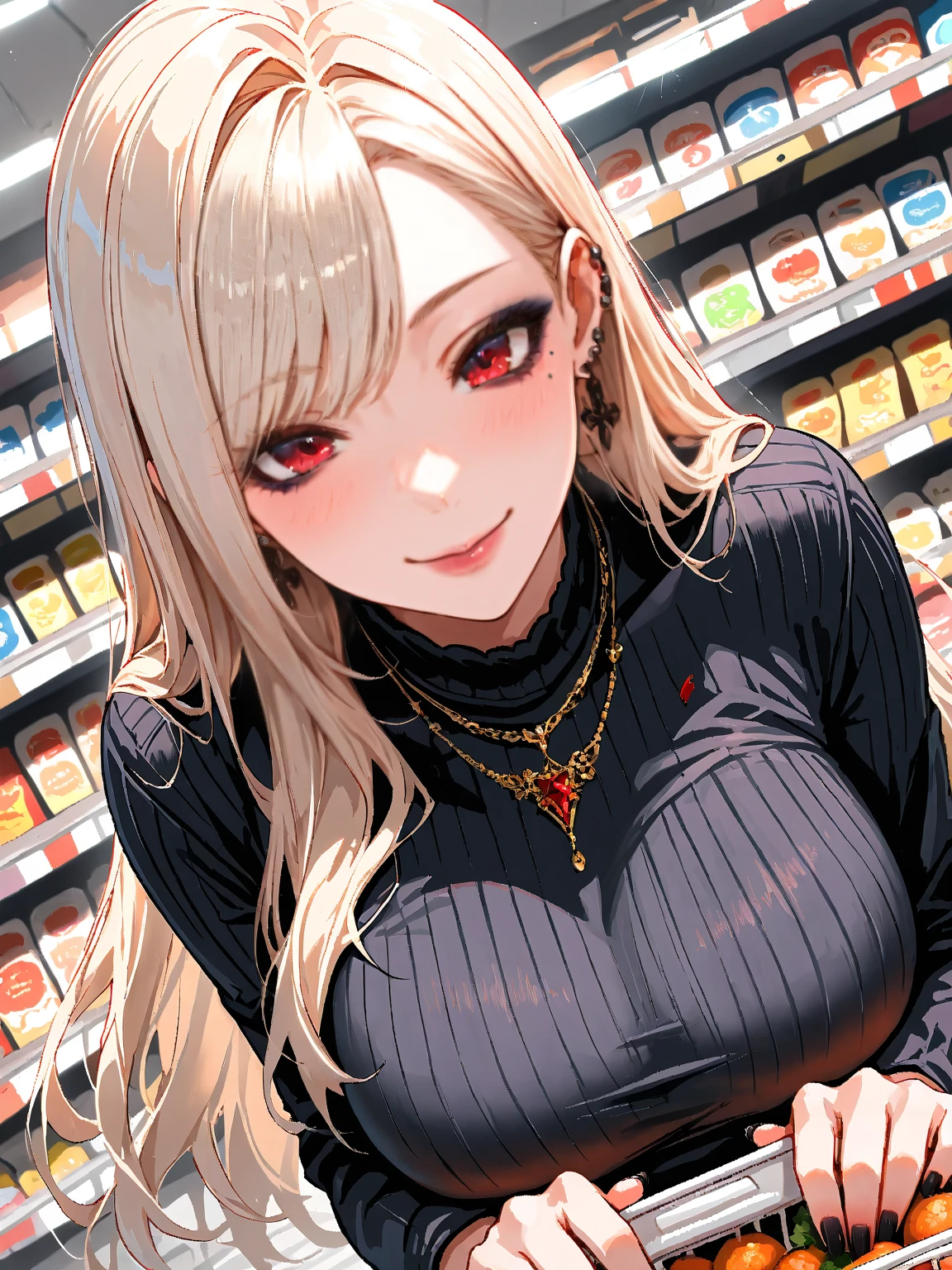 top-quality、Top image quality、masterpiece、girl with((18year old、Best Bust、big bast,Beautiful blue eyes、Breasts wide open, Blonde ponytail、A slender,Large valleys、Black sweater、White pants、point to the shelf、Ruby Earrings、View product shelf))hiquality、Beautiful Art、Background with((Large shopping malls)))、,masutepiece、visualart、depth of fields、
