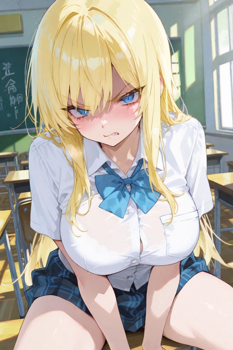 (masterpiece, best quality, ultra-detailed, high resolution, detailed eyes), takeda hiromitsu style, 1girl(17 years old), (school uniform, short sleeve shirt), (long blonde hair), solo, tanned skin, tsurime, (furious:0.8), large breasts, slender body, looking at viewer, pov, cowboy shot, arms behind back, sitting, school, (restrained), rope