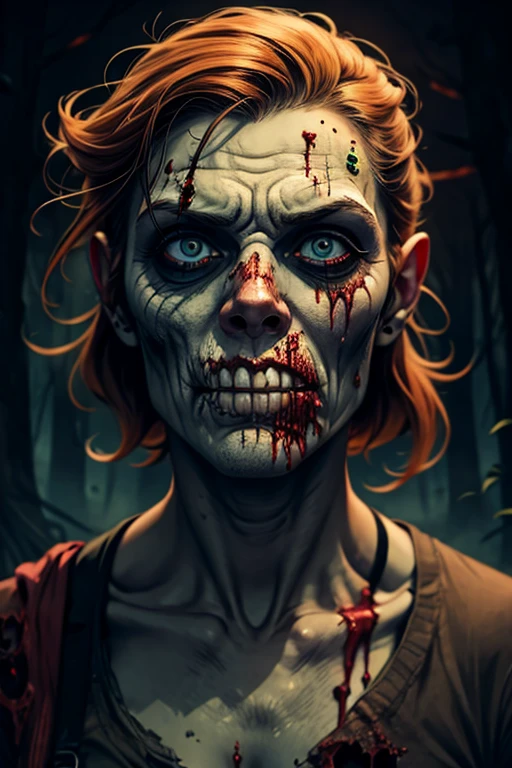 ((Full body):1.5) (({1/extremely beautiful zombie woman}):1.5). Just {1/extremely beautiful zombie woman}:((wearing a torn black t-shirt, a ripped dings pants, sink in the clothes):1.3). Only {1/extremely beautiful zombie woman}:((has short red hair, red eyes):1.5). Just {1/extremely beautiful zombie woman}:((striking extroverted poses, sitting on a rock, staring at the epectador, evil grin):1.3). In a macabre graveyard with several headstones and a small fog, this night, ((several zombies are behind):1.5) of only {1/extremely beautiful zombie woman}
