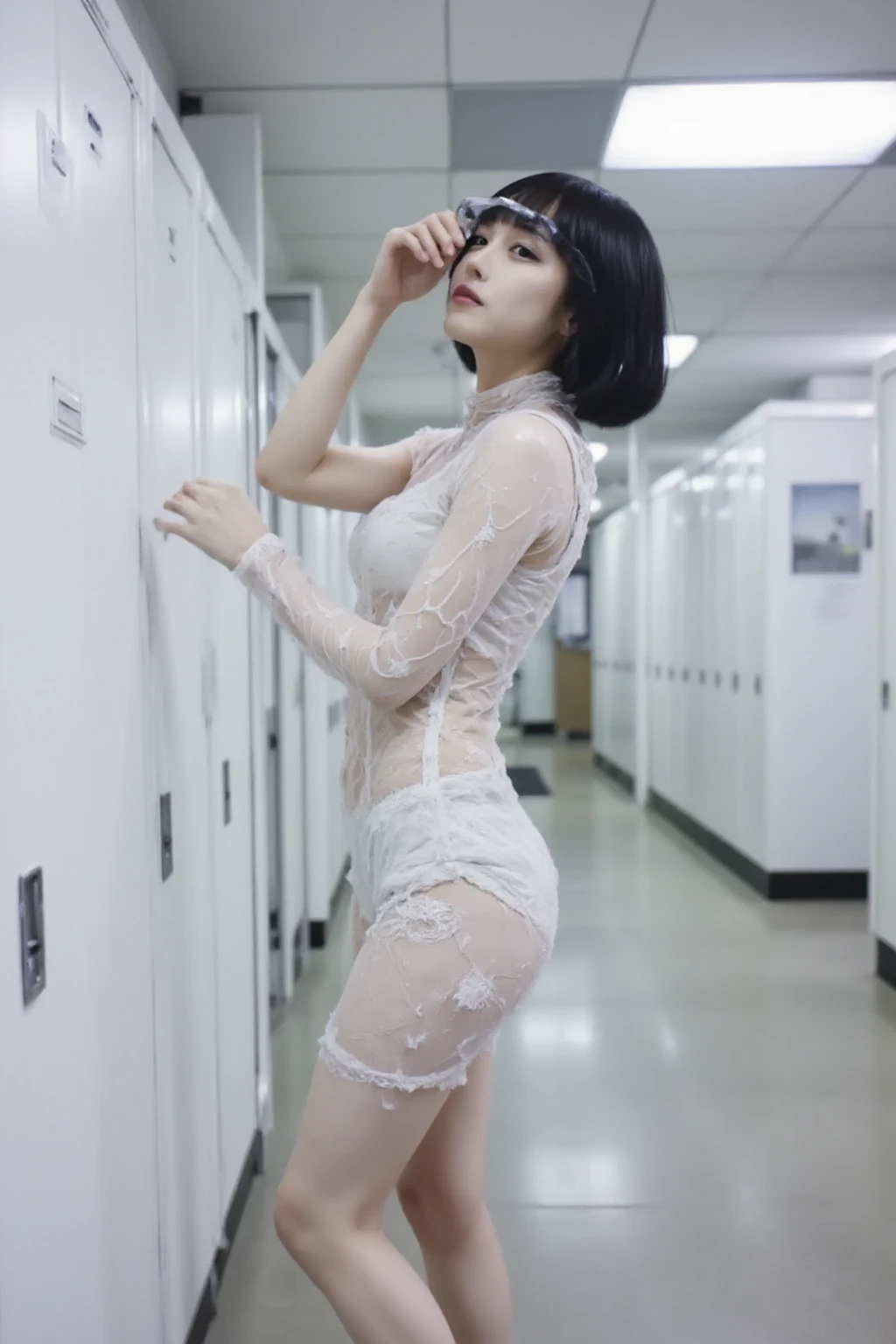 (masterpiece, Highest quality, It captures a very cute moment, Depth of written boundary, Super detailed, Ultra-high resolution, C4D, Octadale, 3D Modeling,Realistic human photos、 8K, 16K, One Girl,Middle school students, Small breasts,Black Hair,short hair,Straight Hair,Light brown eyes,White headband,Wearing black glasses,Cute face), Bloomers, Black tank top, zettai ryouiki, Wet clothes,Classroom Nights,Moonlight, Good elevator, Take off、Real-life skin、Not an anime、Realistic、Not an illustration