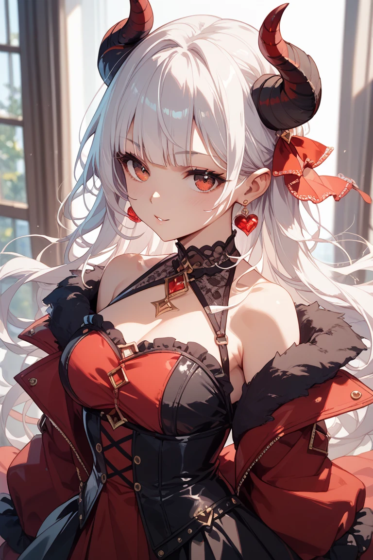 1girl in, adjusting clothes, bad-girl, Black Gloves, cleavage, earrings, Glasses, gloves, Jewelry, Lace, Lace trim, Large breasts, Lips, Long hair, Looking at Viewer, makeup, Parted lips, Red background, Red Eyes, Red lips, Round eyewear, Solo, Sunglasses, tinted eyewear, Upper body, White hair
