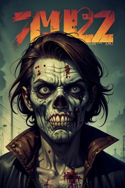 Drawing of a zombie from the walking dead with a guitar and in the other hand holding a martini glass with a brain inside wearing a white t-shirt with blood stains and a black jacket on a white background