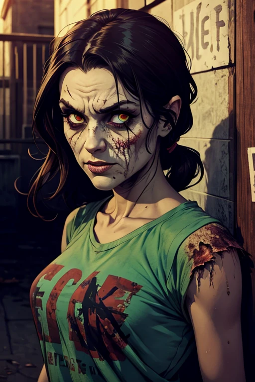 Post apocalyptic world, Zombie girl, beated up, deformed, Mutated