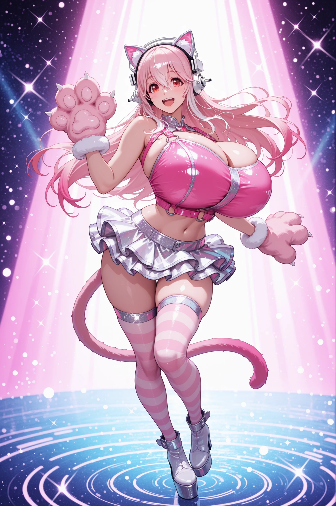 (((((One girl))))), (((Dark Skin))), Brown Skin, Pink Hair, Curly Hair, Bear ears, Brown eyes, Big Lips, Thick lips, (anime), ((Half-closed eyes)), (((Huge breasts))), Narrow waist, ((Thick thighs)), Pink outfit, ((Cleavage)), ((Crop top)), ((tooth)), smile,