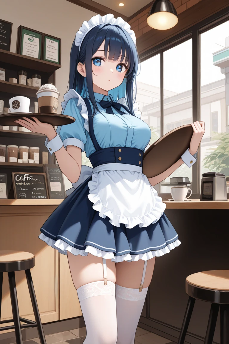 (masterpiece, best quality:1.1), (ultra highres, ultra-detailed:1.2),anime style illustration,girl serving customers at a cafe,cafe Waitress,Wearing a bunny girl costume in cafe,bunny-suit Waitress, looking shy, BREAK (girl,16yo,detailed face,(darkblue hair,wavy-short hair),middle thick eyebrows,middle small breasts),