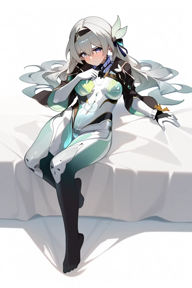 masterpiece, best quality, highres, aabeta, double bun, hair ornament, white bodysuit, black gloves, white thighhighs, <lora:beta_v1:0.7>, indoors, :o, sitting