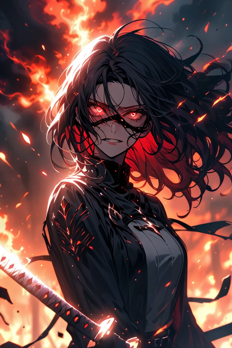 masterpiece, best quality, ultra-detailed, evil lighting, 1girl, goth, full body, black hair, long hair, red eyes, black eyeliner, black lips, piercing, turtleneck, turtleneck sweater, looking at viewer, red glow, evil smile, bloodlust, blood on face, evil, molten rock, red theme, haunted background, horror \(theme\), volcano background, fire, lava, lava lake