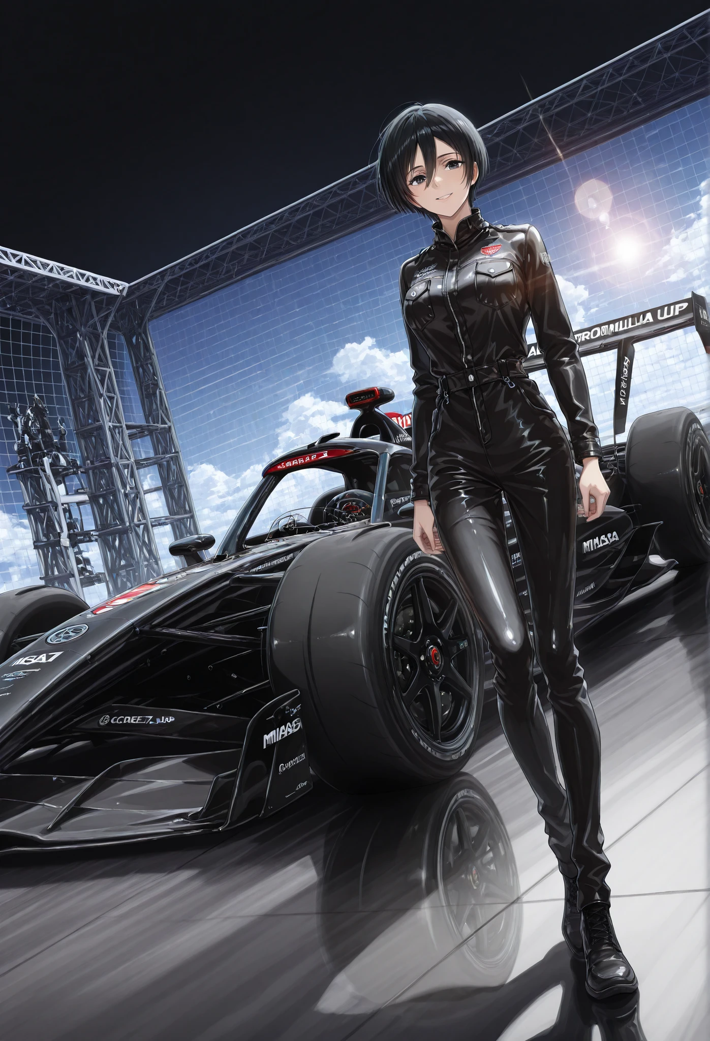 core_9, score_8_up, score_7_up, super detail , high details , high quality , best quality , highres , 4K  Dynamic angle, front, Mikasa Ackerman, standing, full body, black leather jumpsuit, (A woman stands next to a formula car)  uhd , retina , masterpiece , ccurate , anatomically correct , textured skin  (Black short hair) smile blanck Formula car  
Stand on the grid at the circuit  
Sunny day with spectators in the stands  lens flare