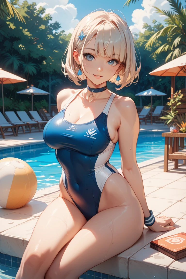 (masterpiece image, very detailed image, best high quality high definition image High very detailed Quality image, Very detailed high quality image), 1 solo character alone.
Norse girl, absolute beauty, 24 years old, fair skin, blue eyes, sexy beauty features, straight short golden blonde hair tied in two short little pigtails with silver hairpins, voluptuous body, big breasts, round butt, beautiful legs, beautiful, smiling cheerful face and happy, (wears an orange one-piece swimsuit)
She's walking around a modern half medieval park.