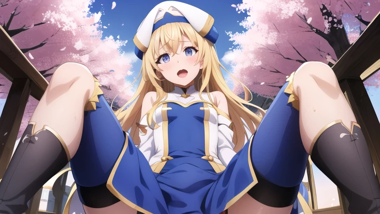 Masterpiece, Best quality, Super high resolution, top quality, anime style, Beautiful face, Goblin Slayer, a priestess, white and blue clothes, (1 girl:1.3), white cap, (holding a wand:1.3), (Green wind effect:1.3), is, is focus, lift your skirt, Skirt lift, anus, pubic hair, sweat, embarrised, grin,