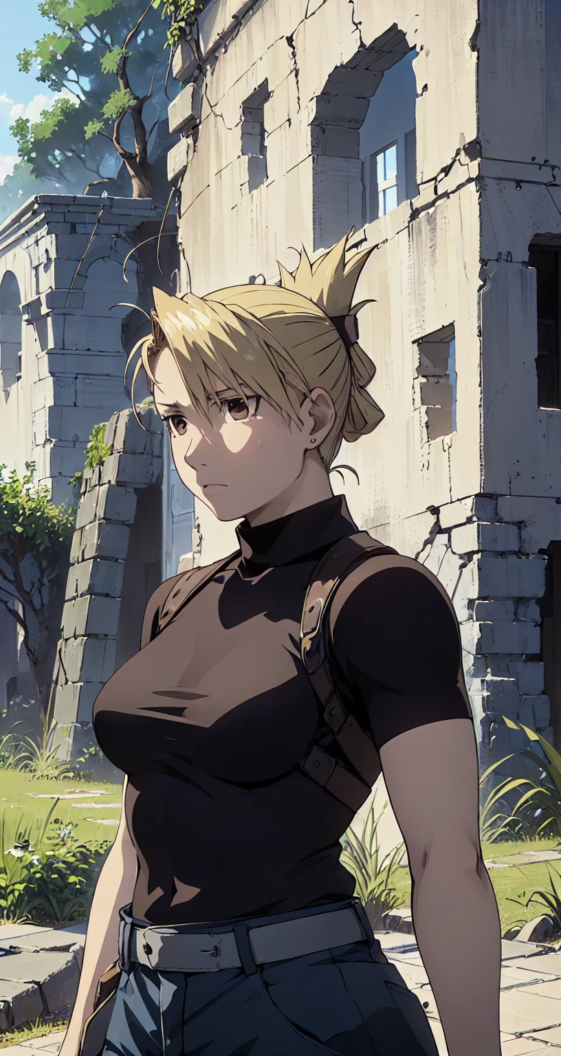 masterpiece, highest quality, High resolution, One Girl, Hamriz, ponytail, Brown eyes,big , Black Shirt, Tight shirt, holster, Short sleeve, belt, Covered navel, Blue pants,indoor、Upper body close-up、Muscular body、blush、Sweat、Composition from the front、anime、(((Close-up of a person、ノースリーブ、Facing forward)))