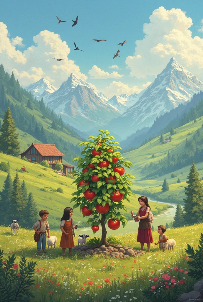 the family and the little girl with dress making a picnic with her father and her mother and her brother and 5 people basket with beautiful fruits and in the background a beautiful landscape of mountains bright colors beautiful drawing --auto --s2