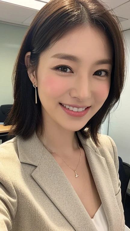 masterpiece,best quality, (1 milf), ((close up:1)), ((cross arms)), glare, gray blazer, white shirt, Clothes with big Cleavage View, double eyelid, eyelash, lip gloss, (smile:1), ((close eyes:0.85)), ((open mouth:1)), ((Looking at Viewer)), RAW, (from above:0.2), nobody office,