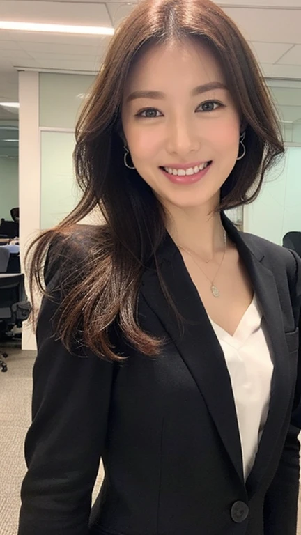 (top-quality, 16K, ​masterpiece:1.3), (ultra detailed), (masterpiece) raw photo, photo realistic, (best quality), Highest quality, Realistic, surreal, Highest quality, Extremely detailed CG, Very delicate, 16K wallpaper, High resolution, A female manager working for a top company, 3, ((Light makeup)), ((There is a mole on the face that is considered seductive:1.1)), ((adorable dimples)), ((UNTITLED business suits)), ((A very simple necklace)), ((Japanese office at night)), ((sitting in an office chair)), Japanese, slender body, ((flat chest:1.5)), detailed skin, very detailed, detailed fingers, detailed hands, detailed eyes, detailed legs, accurate and perfect human anatomy, real human skin, BREAK ((upper body)), ((look into the viewer's eyes)), ((looking at viewer)), ((Front view)), ((from front)),