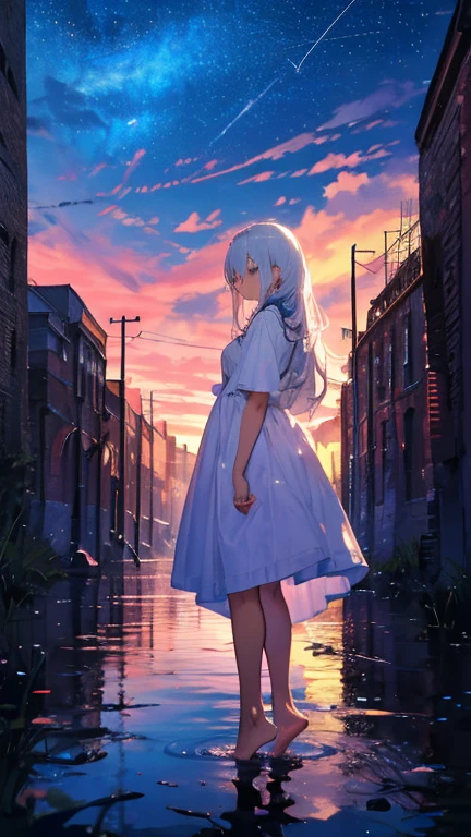 score_9, score_8_consolation, score_7_consolation, Solo, colorful, (masterpiece) , (best quality) , Artist archives , 1 female ,  long hair , alone , very long hair , absurdly long hair , white dress , sky , starry sky , standing female , barefoot , wide shot , white hair , night , cloud , background , closed-eyed