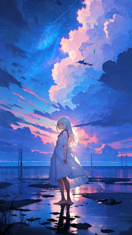 score_9, score_8_consolation, score_7_consolation, Solo, colorful, (masterpiece) , (best quality) , Artist archives , 1 female ,  long hair , alone , very long hair , absurdly long hair , white dress , sky , starry sky , standing female , barefoot , wide shot , white hair , night , cloud , background , closed-eyed