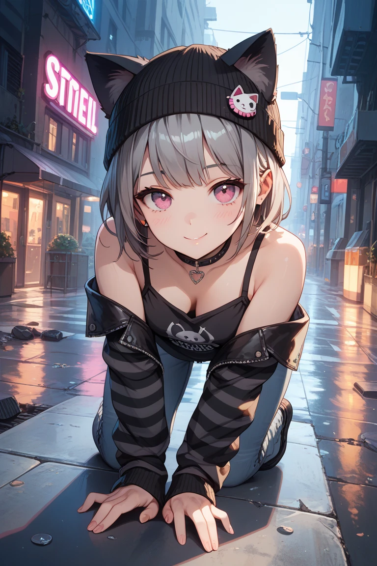 Very cute girl, ((She has some silver earrings in her ears.. Stylish black baseball cap. Black choker、Black punk fashion))、(Gray hair color、Light pink inner color hairstyle、short hair、Hair expressed with a delicate touch), Beautiful Hair, Facial Contour, Remember, In town, splash, Lens flare、sunlight、illumination、Natural Color, High resolution, Very delicate, Very detailed, 8k,(Her breast size is about a B cup)、Shyness,((Sexual)),((Naughty feelings)),smile、Full body angle(From head to shoes)、View angle from below