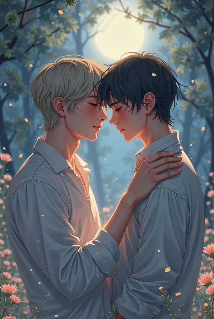 Draw two men fourteen years old, kissing in white shirts. One of them with blonde hair with blue-green eyes, another one light brown hair with blue eyes. In fantastic style. With background.