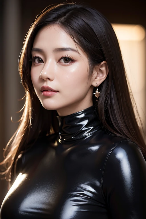 (top-quality、masterpiece)、Photos of Japan women、1人、(Drooling 1.8)、(crouching down)、(The sheen、latex suit)、Shorthair、closing eye、red lipsticks、Opening Mouth